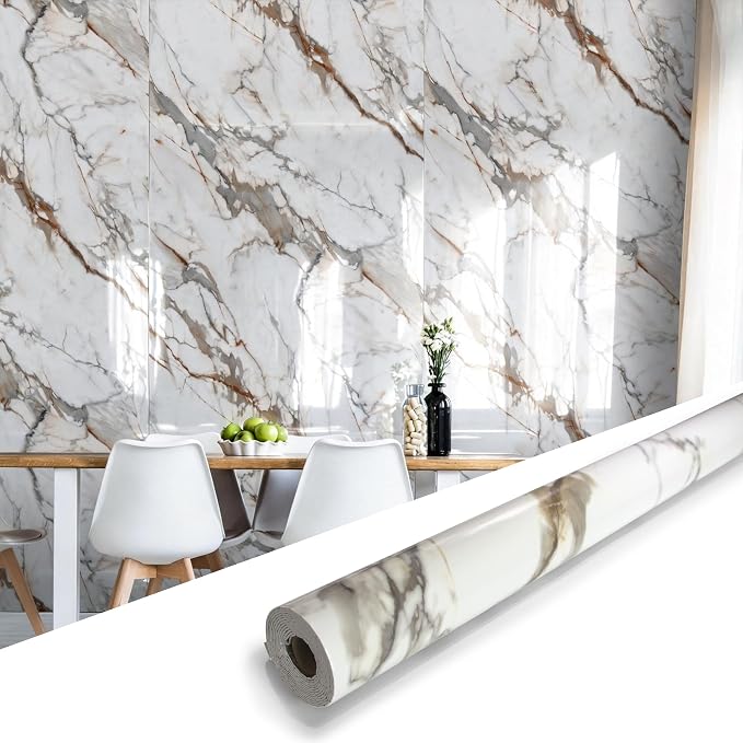 Marble Peel and Stick Waterproof Wall Paneling, 118" x 47" Calacatta Gold Glossy Finish Self-Adhesive Backsplash Tile Vinyl Wall Panel for Kitchen Bathroom Wall Decor, Covers 38.75 Sq. Ft. by premiumqualitypeelandsticktile