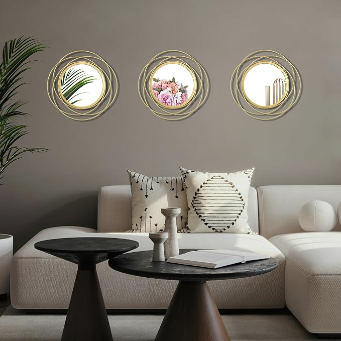 3 Set Round Mirrors for Wall Decor Living Room Bedroom Bathroom Dining Room Metal Circle Mirror Set Boho Decorative Sunburst Wall Art Accent Entryway - Gold 9.5 in - Image 2
