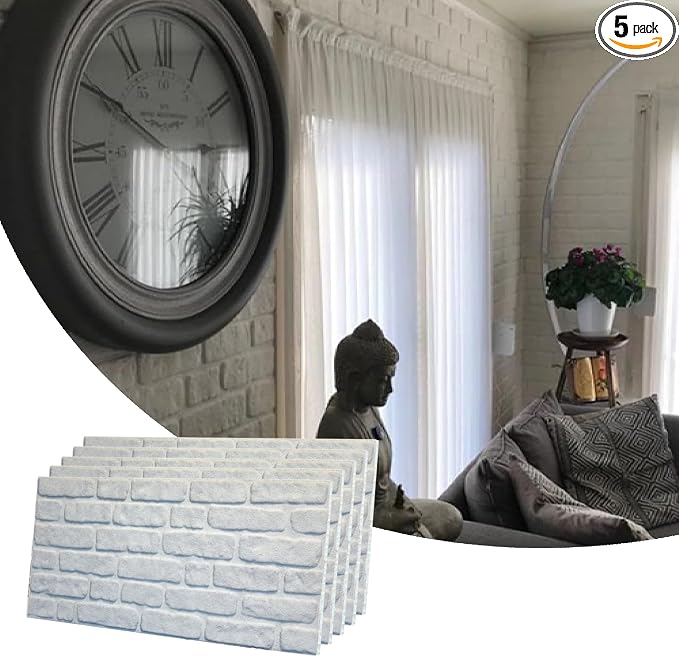 Dundee Deco 3D Wall Panels Faux Brick - Cladding, White Stone Look Wall Paneling, Styrofoam Facing for Living Room, Kitchen, Bathroom, Balcony, Bedroom, Set of 5, Covers 27 sq ft by DundeeDeco