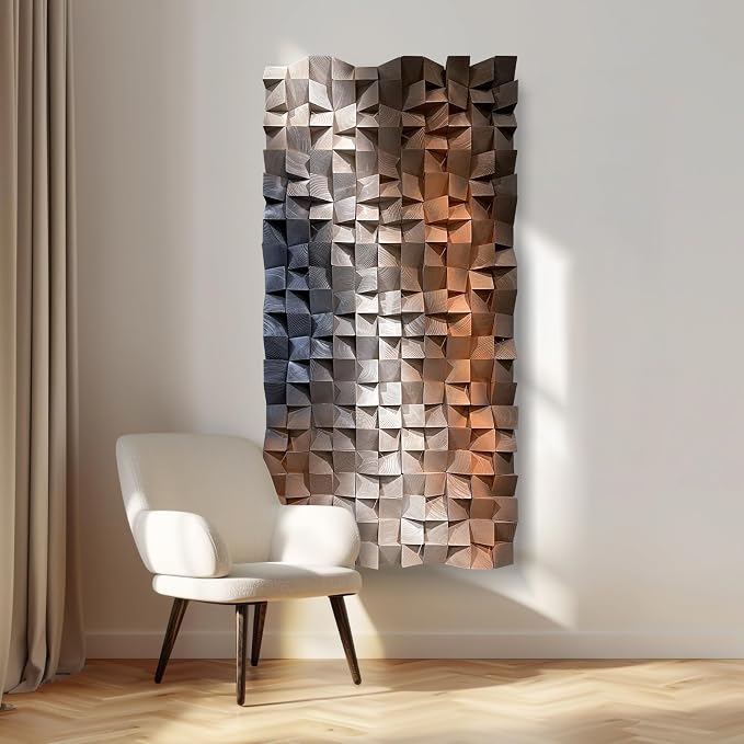 LIUZEYUE Textured Wall Art, 3D Wood Mosaic with Blue White Orange Lines, Abstract Modern Wall Decor for Entryway or Narrow Hallway, Horizontal or Vertical Hanging, 15.7"x31.5" - Image 6