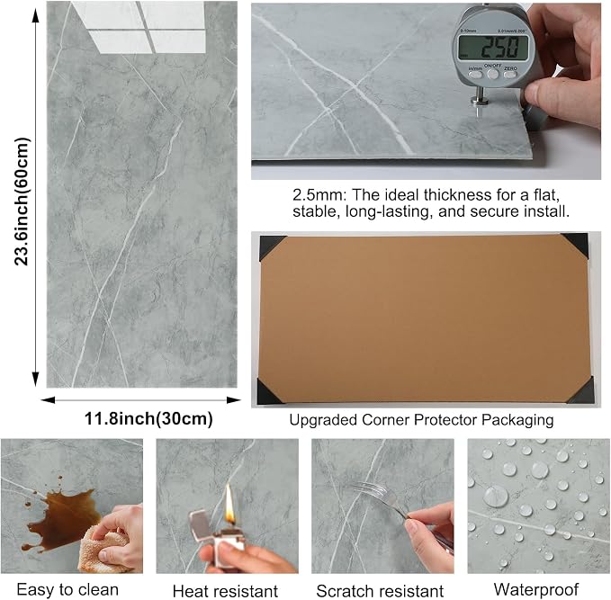 30Pcs Grey Marble Wall Panels 23.6"X11.8" PVC Waterproof Tiles Peel and Stick Wall Panels Self Adhesive Backsplash Tiles for Kitchen Living Rooms TV Walls Bathroom Rv Camper Van (Not Real Tile) - Image 4