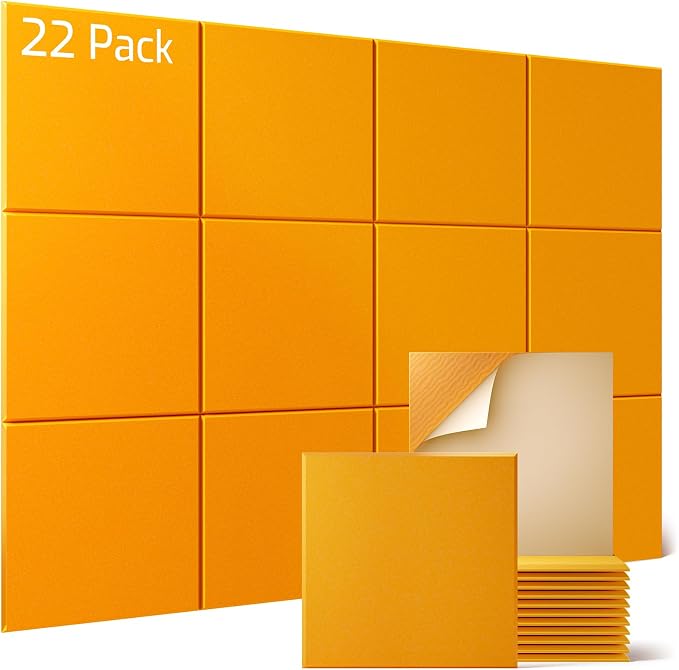 Sonicism 22 Pack Acoustic Wall Panels with Self-Adhesive, 12" X 12" X 0.4" Sound Proof Foam Panels, Decorative Soundproof Wall Panels, Sound Proof Absorbing Tiles for Home & Offices, Orange Yellow by Sonicism