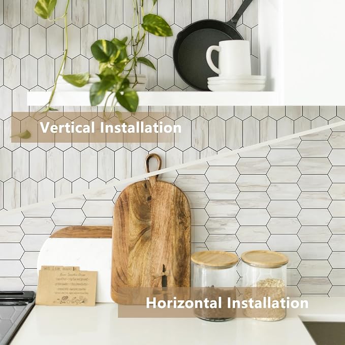 Vamos Tile Long Hexagon Peel and Stick Backsplash Tile - 1 Sheet Stick on Backsplash for Kitchen and Bathroom 12.4 x 12 Inch Glossy Wood Grain PVC Self Adhesive Mosaic Wall Tiles - Image 6