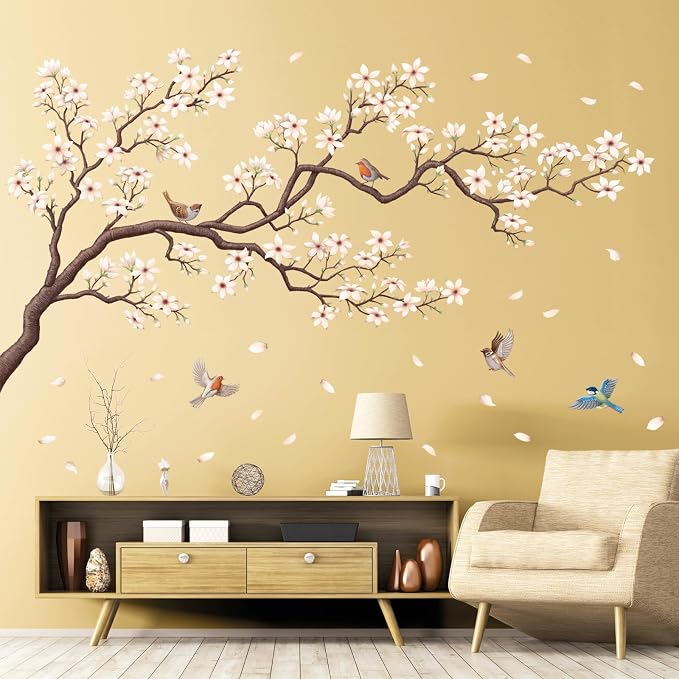 DECOWALL White Cherry Blossom Wall Stickers Decals Birds Branch (SG4-2213) | Peel and stick removable floral decor with petals and botanical art for living room, bedroom, nursery, office and staircase - Image 3
