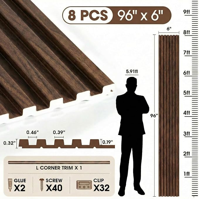 WPC Acoustic Slat Wall Panels 8-Pack 96'' x 6'' (Cover Approx.32 sq.ft) | Accent 3D Wall Panel for Interior Wall Decor, Waterproof Fluted Textured Panel Wall Slats, Solid Walnut - Image 2