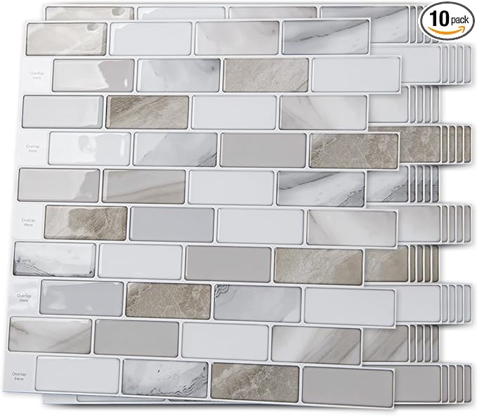 Art3d 10-Pack Marble Peel and Stick Backsplash, 12 x 12 in, Beige & White | Strong Adhesion, Lightweight, Cuttable, Waterproof, Fadeless, Crack Resistant, for Kitchen, Bedroom, Ideal for Recently Moved by Art3d