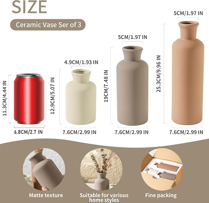 Ceramic Vase Set of 3, Flowers Neutral Modern Vases Home Decor Rustic Farmhouse Decor Pampas Vase for Table Mantel Entryway Shelf Living Room Kitchen Bathroom - Brown - Image 2