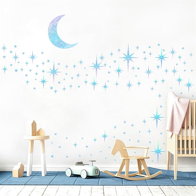 Retro Star Moon Wall Decals Sparkle Art Stickers Mid Century Modern Decor | Blue star and moon decor, peel and stick, removable vinyl art murals wallpaper, for ceiling baby boy girl bedroom living room by Easma