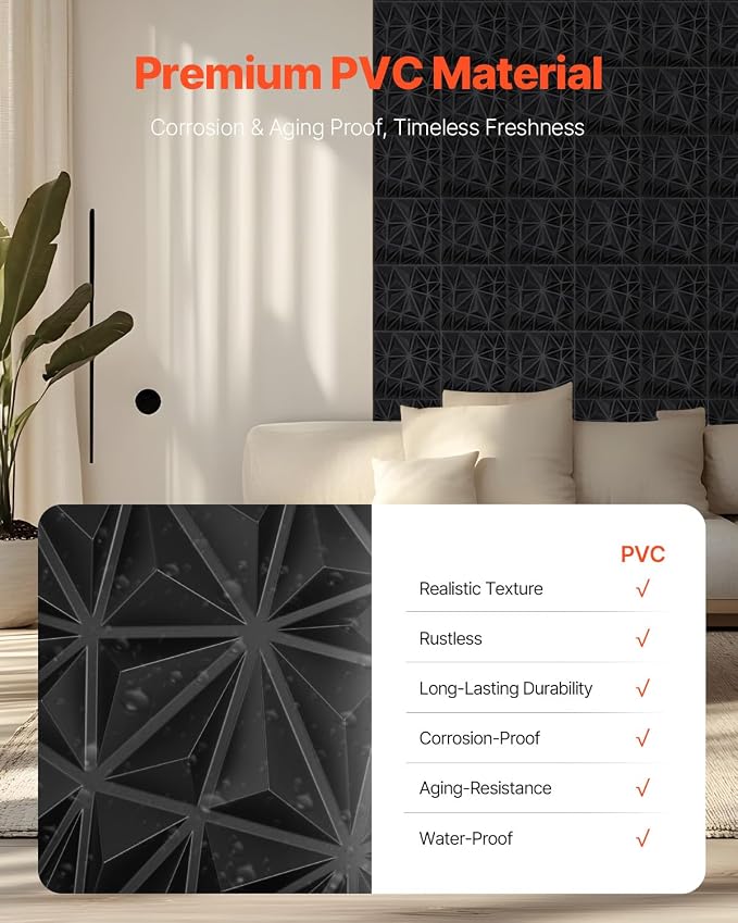 VEVOR 3D Wall Panels, 33-Pack 11.81 x 11.81 in PVC Modern Art Minimalist Diamond Tiles, 32 Sq.Ft Coverage Accent Wall Panel, Interior Home Decor for Ceiling, Bedroom, Living & Gaming Room, Matte Black - Image 4