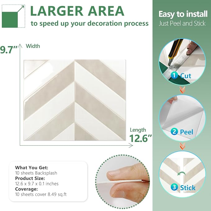 STICKGOO Herringbone Peel and Stick Backsplash, White & Beige, 10 Sheets | 12.6 x 9.7 in, Thicker Rectangular Vinyl Stick-On Wall Tiles, Easy Alignment, Waterproof, Easy to Clean, Kitchen/Bathroom - Image 6