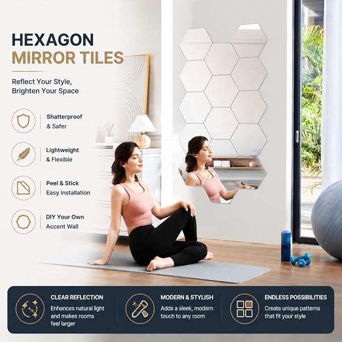 Abyssaly 4 Pack Acrylic Mirror Tiles, 3D Hexagon Peel and Stick Mirrors - Image 2