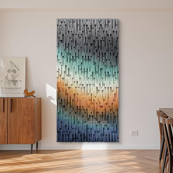 LIUZEYUE Large-Scale Wood Wall Art Featuring Architectural Wood Strips | abstract wall art; cool gray and amber, organic wood grain; executive suite feature-wall statement; 35.4 x 70.9 in - Image 8