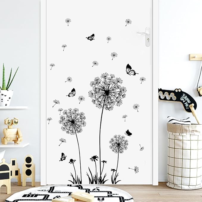 Arawat Dandelion Wall Decals Flower Stickers Murals Black Butterflies Wall Decor for Bedroom Office Bathroom Living Room Floral Wall Decals Removable Wall Art Decoration Peel and Stick Room Wall Decor - Image 6