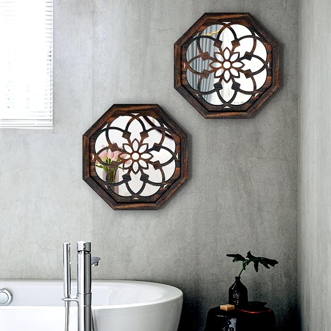 ZOLAPI 2-Piece Octagon Wall-Mounted Mirrors,Vintage Farmhouse Mirror for Wall Decor,Caramel Color Decorative Accent Mirror for Foyer, Bathroom, Bedroom. (12”x12”) - Image 2