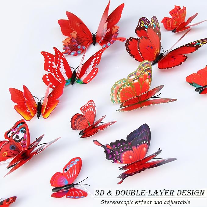 OPSEAM 3D Butterfly Wall Decor Butterfly Decorations Stickers with Magnets | 24 PCS Red,12 Styles Double Layer Butterfly for Classroom Decoration,Locker Refrigerator, Reusable,Waterproof - Image 4