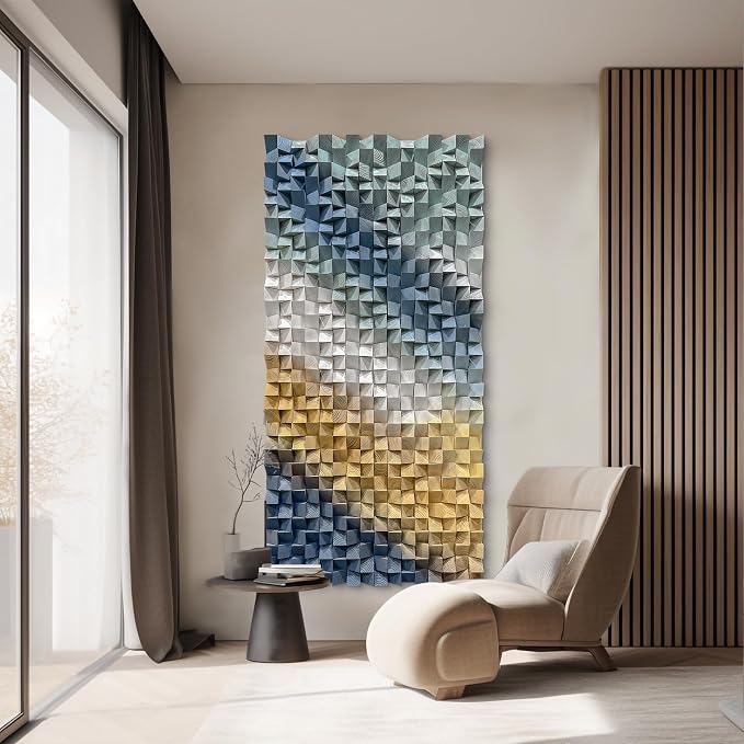 LIUZEYUE Extra Large Wood Block Art, Designed with Sculptural Mosaic Depth | wood wall art decor; deep blue and sand, hand-finished color; hotel lobby high-ceiling feature wall; 39.4 x 78.7 in by Unknown
