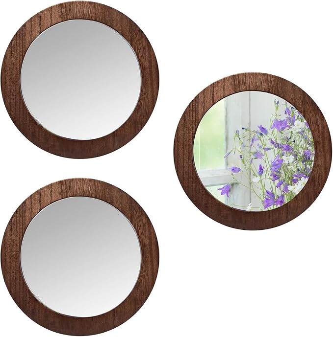 3 PCS Wall Mirrors Decorative, 8 Inch Small Round Rustic Wood Mirror Decorative Wall Mirror for Home Door Living Room Bathroom Bedroom and Entryway (Not Real Glass Mirror) by Hiyoo