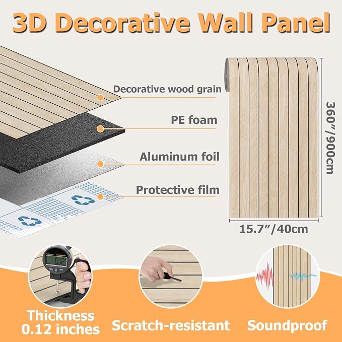 Arthome Peel and Stick Slat Wall Panels 15.7"x360",Self-Adhesive PVC Wood Grain Wallpaper Panel,3D Thick Faux Soundproof Backsplash Accent Wall Tile for Walls & Furniture (Beige- Coverage 39.2 Sq.ft) - Image 8