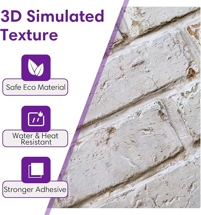 3D Faux Brick Wall Panels Peel and Stick, Designed for Quick DIY | Warm Whitewash, 10 Pcs 11.8" x 11.8", Small Brick-Look, Ultra-Light PVC Fake Brick Covering for Wall Decor, Cover 9.7 sq ft - Image 4