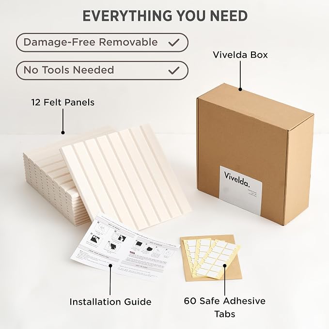 VIVELDA Felt Bulletin Board Tiles 48"x36" - 12-Pack Cork Board Alternative, OEKO-TEX Certified, NRC 0.95 Acoustic Felt Wall Panels, Damage-Free Adhesive, Slatted Design Home Office & Classroom (Linen) - Image 5