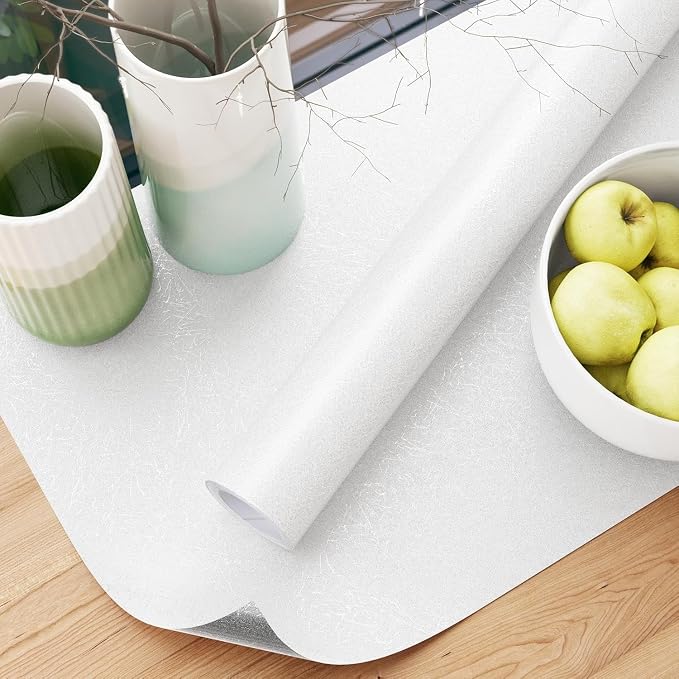 White Textured Wallpaper Peel and Stick Silk Embossed Vinyl Contact Paper | 15.7" x 787.4" Removable Wrap Paper for Cabinet - New Environmentally Friendly Upgrade Wall Paper for Cabinets Shelves - Image 2