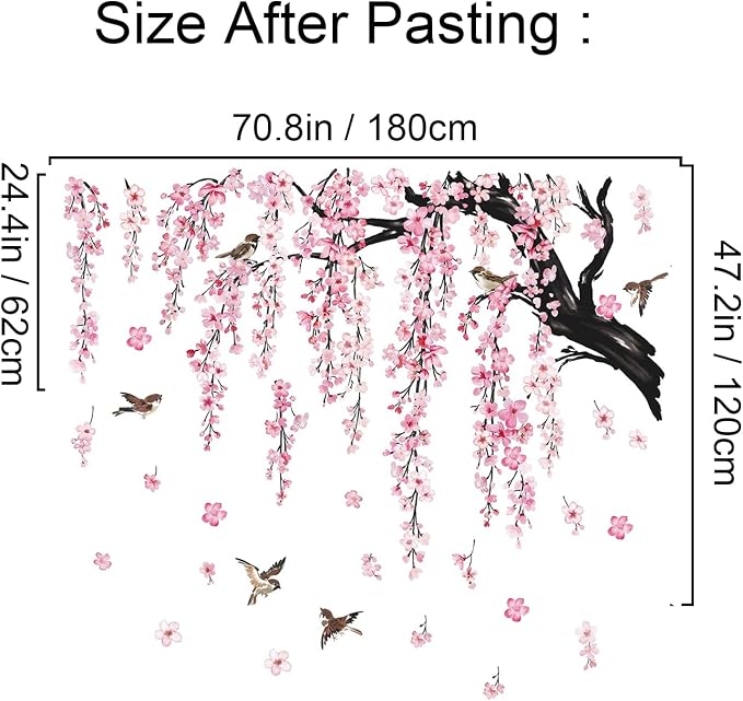 Cherry Blossom Tree Branch Wall Decals, Pink Flower with Birds Wall Sticker | 4 Sheets Wall Decoration Removable Peel and Stick Wallpaper Large Tree Floral Mural for Living Room Girls Bedroom Decor - Image 5