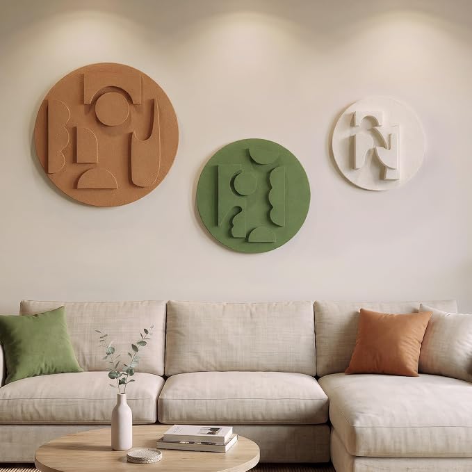 3D Textured Round Modern Abstract Boho Wall Art for Living Room, 3 Piece | Minimalist Bohemian Geometric Sculptures Artwork for Walls, White Terracotta Green Paintings, Bedroom Home Office Wall Decor by Cuspin