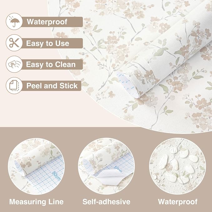 Peel and Stick Wallpaper for Nursery Beige Cherry Blossom Waterproof | 787"×17.3" Neutral Floral Watercolor Wallpaper Gentle Accent Wall Decor with Grid Lines for Bedroom Vinyl Self-adhesive - Image 3