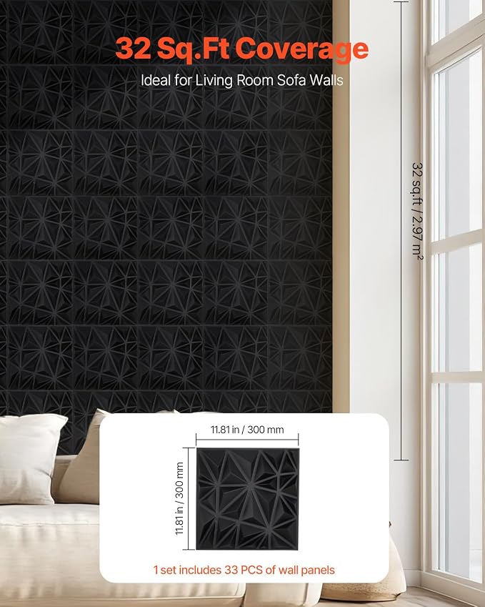 VEVOR 3D Wall Panels, 33-Pack 11.81 x 11.81 in PVC Modern Art Minimalist Diamond Tiles, 32 Sq.Ft Coverage Accent Wall Panel, Interior Home Decor for Ceiling, Bedroom, Living & Gaming Room, Matte Black - Image 5