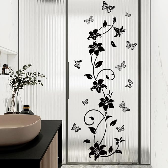 SHUCHING Black Flower Vine Butterfly Wall Decals for Bathroom | Simplicity Floral Wall Sticker, Shower Door Decals for Glass, Wall Decor Art for Bedroom Office - Image 3