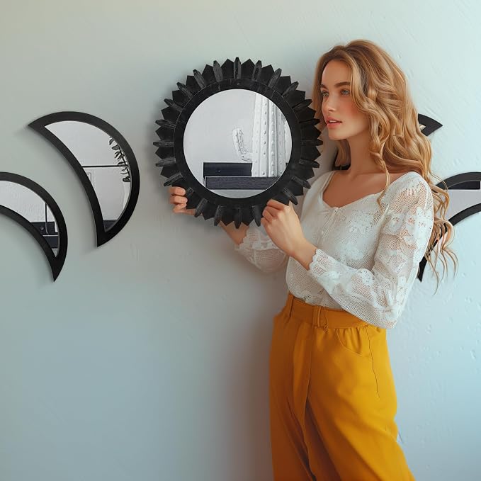 WAKOSAN Moon Phase Wall Mirror Set, 5PCS Wooden and Real Glass Mirrors - Image 3