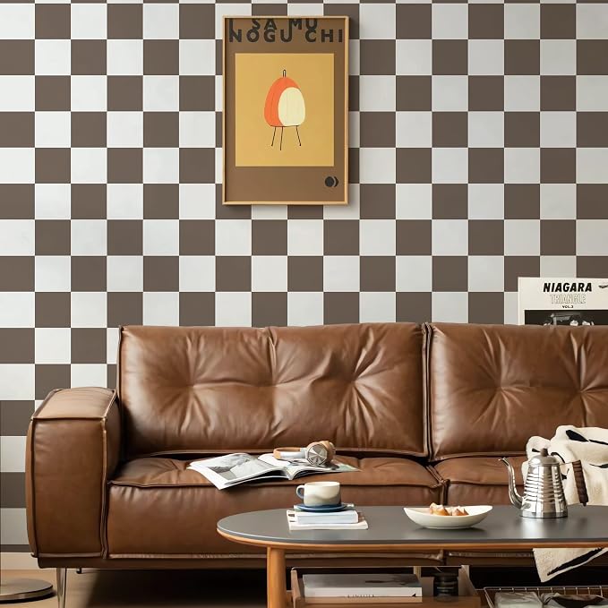 Ismoon Plaid Peel and Stick Wallpaper Vintage Brown Contact Paper 17.3"x78.7" Neutral Mosaic Checkered Wallpaper Stick on Removable Wall Paper for Cabeints Bedroom Kitchen Renter Friendly Vinyl - Image 7