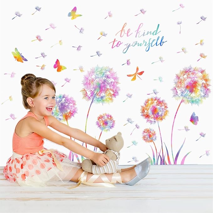 Large Dandelion Wall Decals Colorful Flower Art Stickers Peel and Sticks | wall stickers, floral dragonfly butterfly decor, removable vinyl, inspirational quotes, for kids girl bedroom living room - Image 3