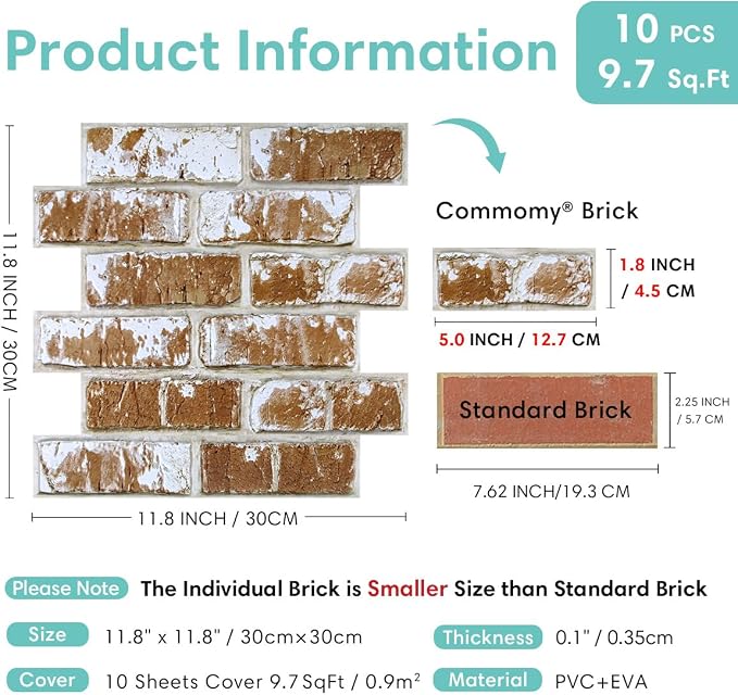 Commomy Faux Brick Wall Panels Peel and Stick Thin PVC 10 Pcs 11.8" x 11.8" | Small Size Thin PVC Quick Wall Covering Home Decor for Kitchen,Fireplace,Home Office (Covers 9.7 sq.ft) - Image 5