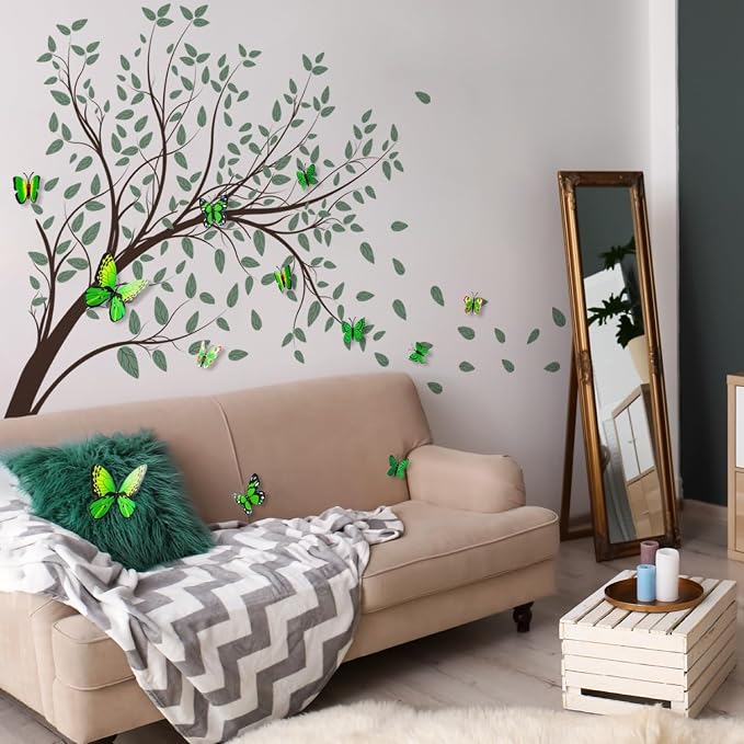 Large Green Tree Wall Decals 3D Green Butterfly Wall Stickers Peel and Stick Waterproof Wall Murals Decor for Living Room Bedroom Classroom (Green Butterfly, 11.8 * 35.4inch) - Image 2