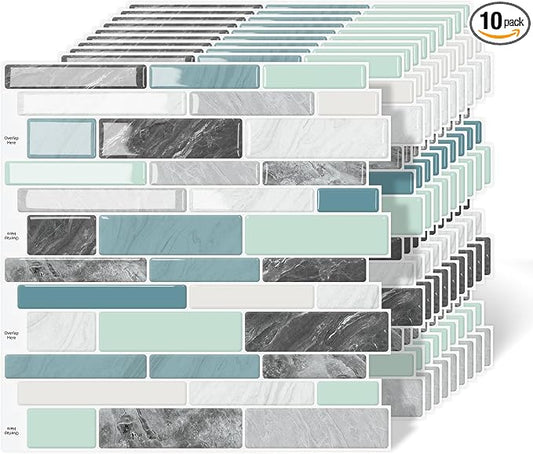 10-Sheet Peel and Stick Kitchen Backsplash Tiles | 3D Waterproof Self Adhesive Wall Tile Stick on Backsplash for Kitchen and Bathroom(Blue Green,12"×12") by MOONFUN