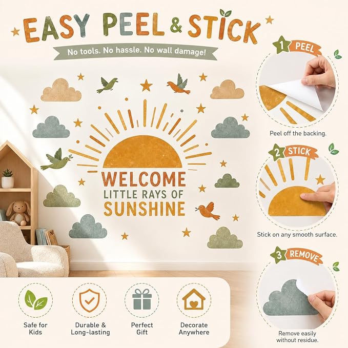 Boho Sun Wall Decal Watercolor Modern Half Sun Wall Decal Sun Cloud Birds Wall Stickers Vinyl Sticker for Classroom Playroom Bedroom Wall Decor - Image 3