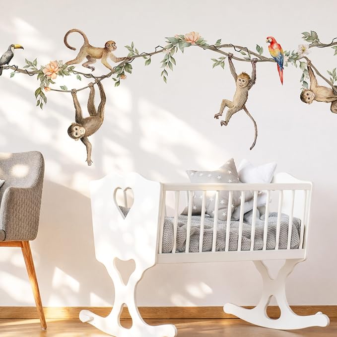 Jungle Monkey Wall Decals, Removable Jungle Animal Monkey Parrot Vine Wall Art Decor for Kids, Boys and Girls Room, Bedroom & Toddler Room Decor (Monkey Vine Wall Decals) by Unknown