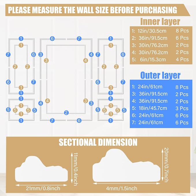 Pangda 3 Set Peel and Stick Wall Molding Kit Inner and Outer Layer Style Premade Wainscoting Panel for Interior Wall Moulding Decor Accent Wall Molding (24x48inch+48x 72inch) - Image 2