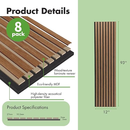 Art3d 8-Pack 12" x 93" Soundproof Wood Slat Panels, 62 sq.ft Acoustic Wall Panels, 3D Wall Panels with Wood Slat Design, Decorative Wood Wall Panel for Accent Walls-Deep Walnut - Image 3