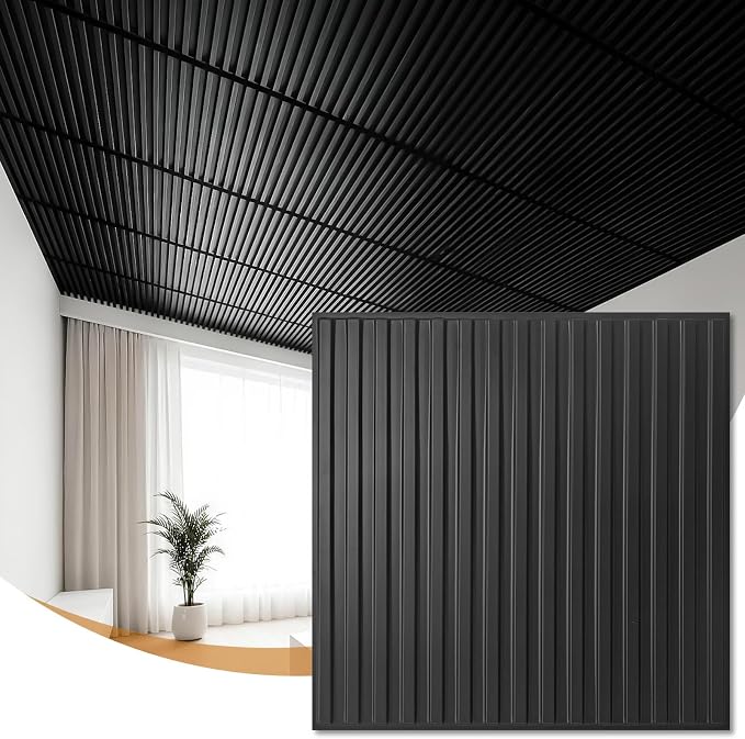 WOWSTAR 24-Pack 24"x24" Drop Ceiling Tiles, Waterproof Glue up PVC Ceiling Panels, Modern Style 3D Slat Wall Panels, Black by WOWSTAR