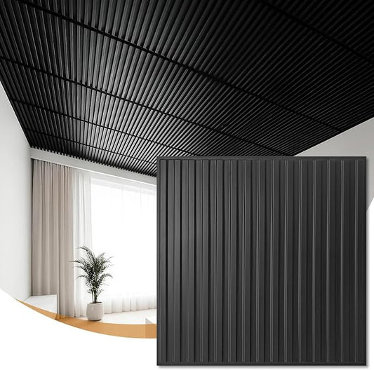 WOWSTAR 24-Pack 24"x24" Drop Ceiling Tiles, Waterproof Glue up PVC Ceiling Panels, Modern Style 3D Slat Wall Panels, Black by WOWSTAR