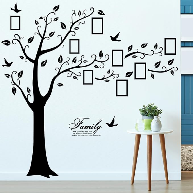 Large Family Photo Tree Wall Sticker 3D Peel and Stick Vinyl Photo Frame Tree Wall Decals Removable Quotes Leaf and Birds Wall Decor for Home Kids Bedroom Living Room Classroom Nursery (Right, Black) - Image 3