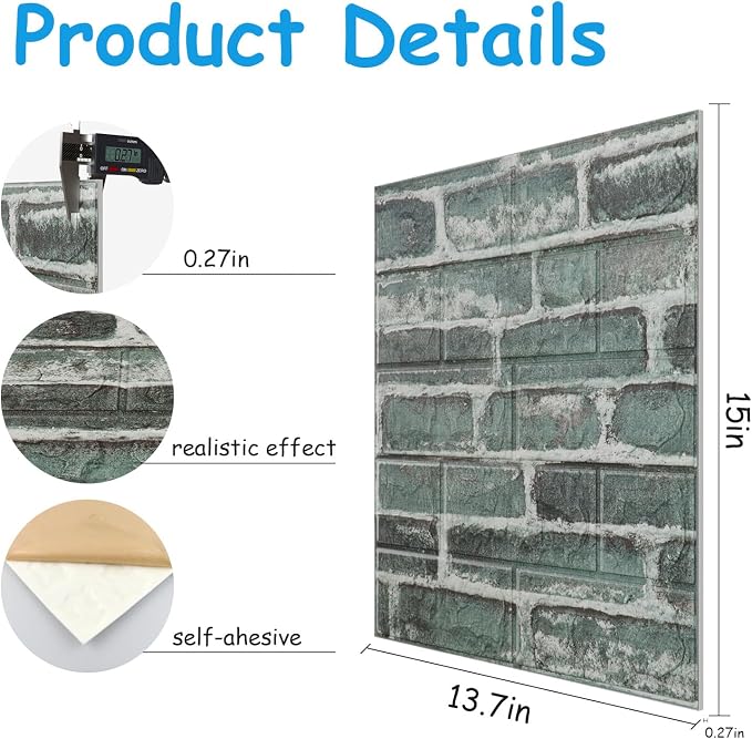 Faux Brick Wall Panels, 40 PCS, Green | 3D Wall Panels Peel and Stick, XPE Foam 3D Wallpaper, Self-Adhesive Faux Stone Wall Panels for Bedroom, Stairs, Kitchen - Image 2