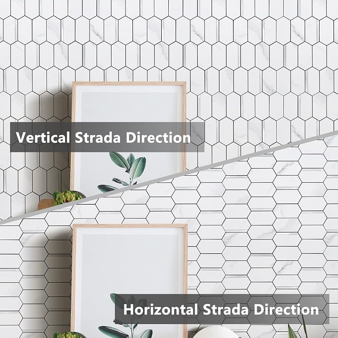 Vamos Tile Long Hexagon Peel and Stick Backsplash Tile - 10 Sheets Stick on Backsplash for Kitchen and Bathroom 12.4 x 12 Inch White Marble Look PVC Mixed Metal Silver Self Adhesive Mosaic Wall Tiles - Image 4