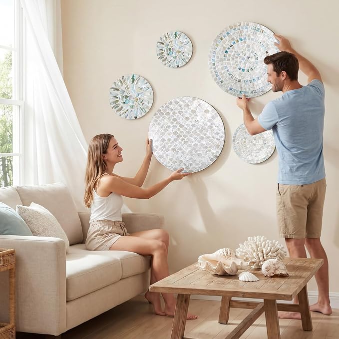 Novabright 6 Pcs Shell Wall Decor 11.8 Inches Natural Mother of Pearl Shell Plate Coastal Wall Art Mosaic Sculpture Handmade Hanging Plates Arts for Bedroom Bathroom Home Office Hotel - Image 6