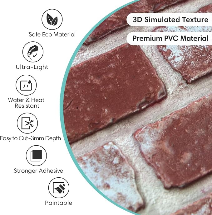 Commomy Faux Brick Wall Panels Peel and Stick Thin PVC 10 Pcs 11.8" x 11.8" | Small Size Thin PVC Quick Wall Covering Home Decor for Kitchen,Fireplace,Home Office (Covers 9.7 sq.ft) - Image 3