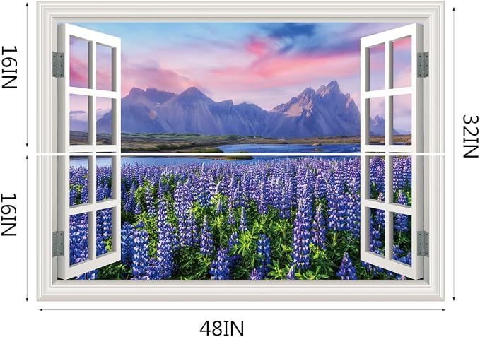 Fake Window Wall Decal- Mountain Lake Lavender Flower Open Wall Art Sticker | Faux Window Natural Scenery Landscape Mural｜Stick and Peel Wall Decals｜for Home Office Scene Decor｜48"x32",Set of 2 Sheets - Image 2