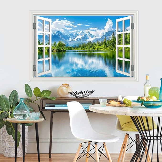 Fake Window Wall Mural Sticker Mountain Lake Forest Tree Faux Window Wall Cling Art Picture Poster Decals Decor, Stick and Peel Landscape Natural Scenery Scene（48"x32",Set of 2 Sheets） - Image 6