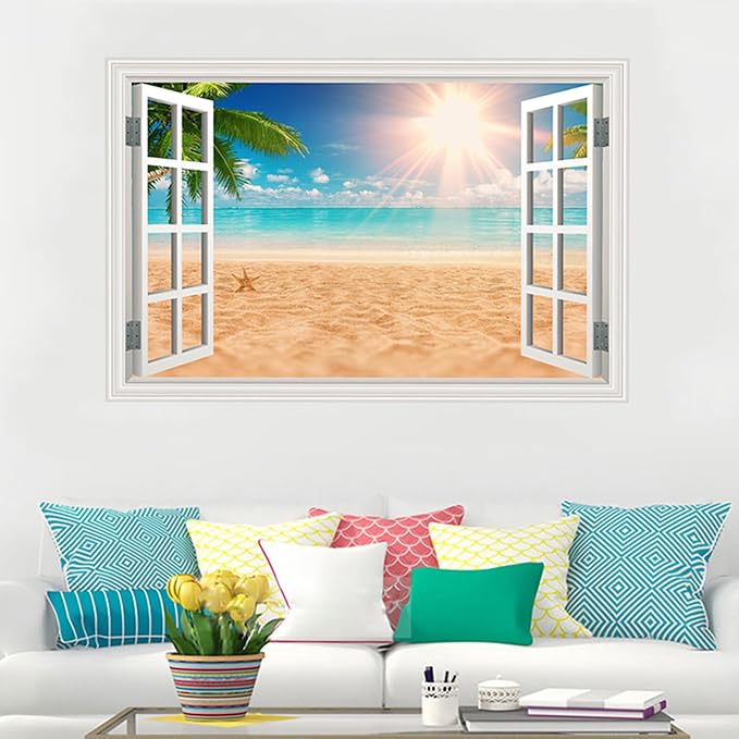 Fake Window Wall Decal- Summer Beach Ocean Palm Tree Open Wall Art Sticker | Faux Window Natural Scenery Landscape Mural ｜ Stick and Peel Wall Decals｜for Room Bedroom Office Scene Picture Decor｜24"x16" - Image 2